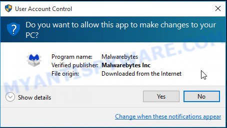 Cuadro de diálogo MalwareBytes Anti Malware (MBAM) para Microsoft Windows uac